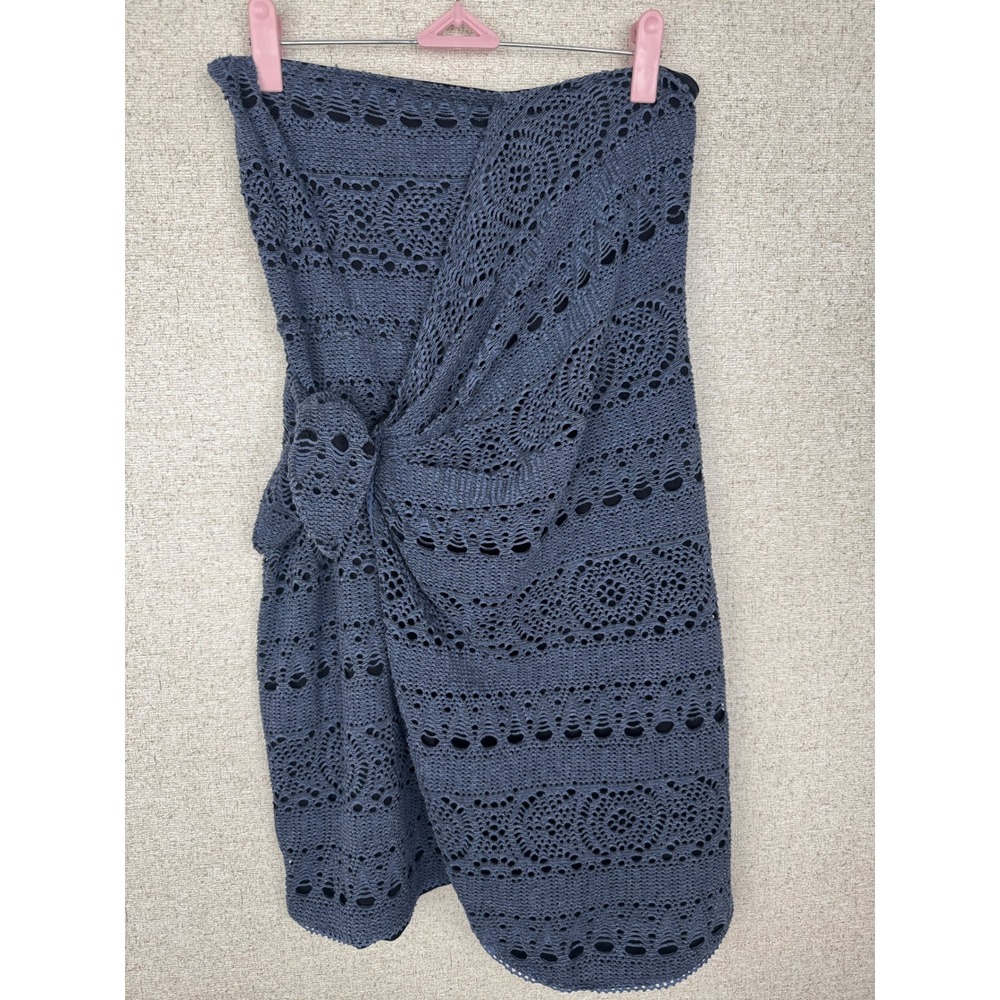 Free People Blue Crochet Strapless Mini Dress L Lined Boho Tube Twist Knot